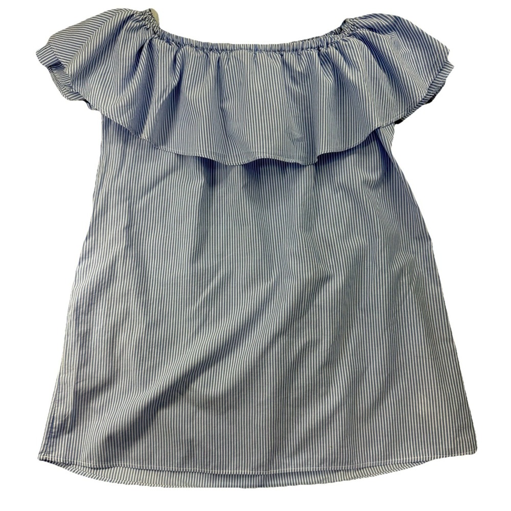 Zara Woman Premium Denim Off Shoulder Peasant Top Blue White Stripe Ruffle Sz 5‎